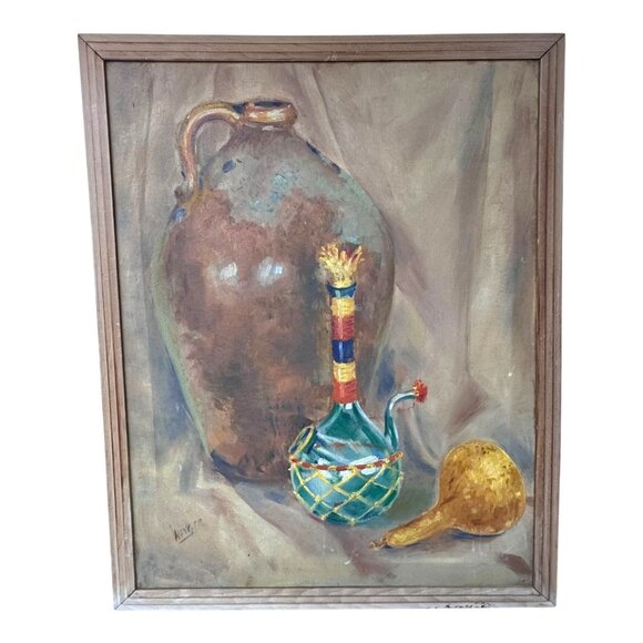 Signed Still Life Painting Rustic Pottery Jug Chianti Wine Bottle Artistic READ - Picture 1 of 10